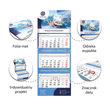 Kalendarz Trójdzielny MIĘDZYNARODOWY Główka Wypukła Folia Błysk