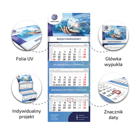 Kalendarz Trójdzielny MIĘDZYNARODOWY Główka Wypukła Folia Soft Touch + UV