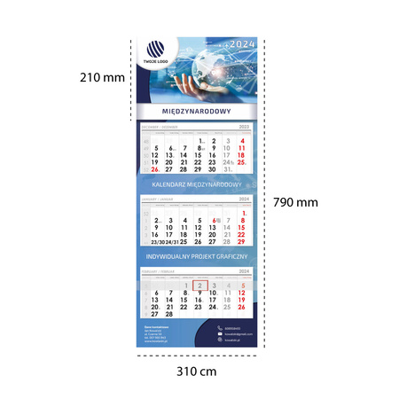 Kalendarz Trójdzielny MIĘDZYNARODOWY Główka Wypukła Folia Mat
