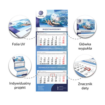 Kalendarz Trójdzielny MIĘDZYNARODOWY Główka Wypukła Folia Soft Touch + UV