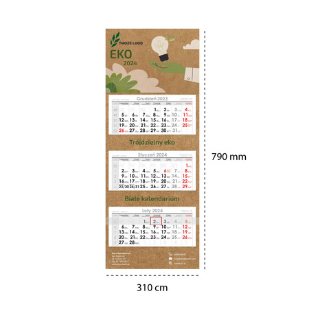 Kalendarz Trójdzielny EKOLOGICZNY BIAŁY Główka Płaska