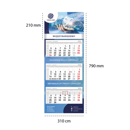 Kalendarz Trójdzielny MIĘDZYNARODOWY Główka Wypukła Folia Błysk